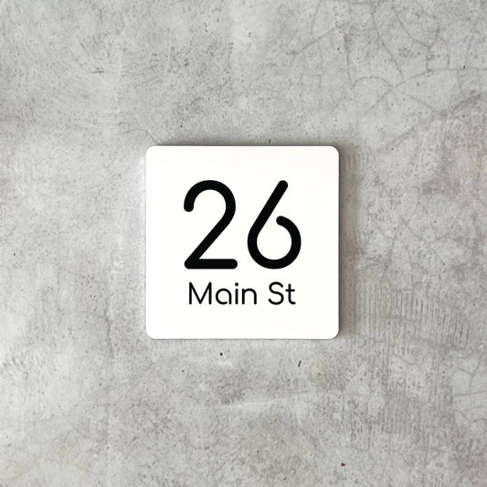 Modern square white house number sign with sleek hidden mounting tape