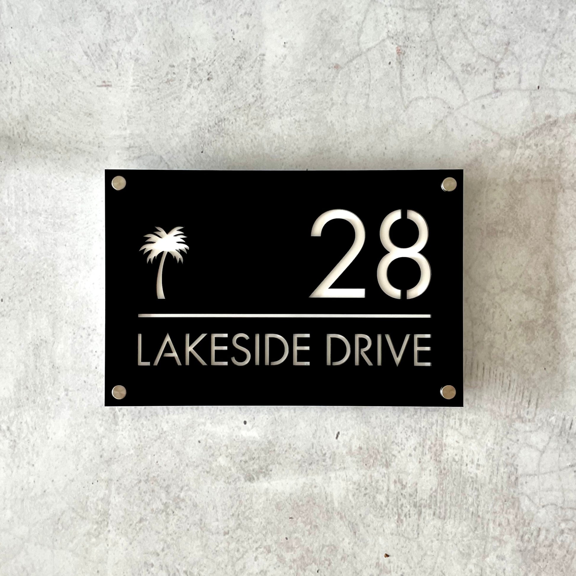 floating address plaque with palm tree detail