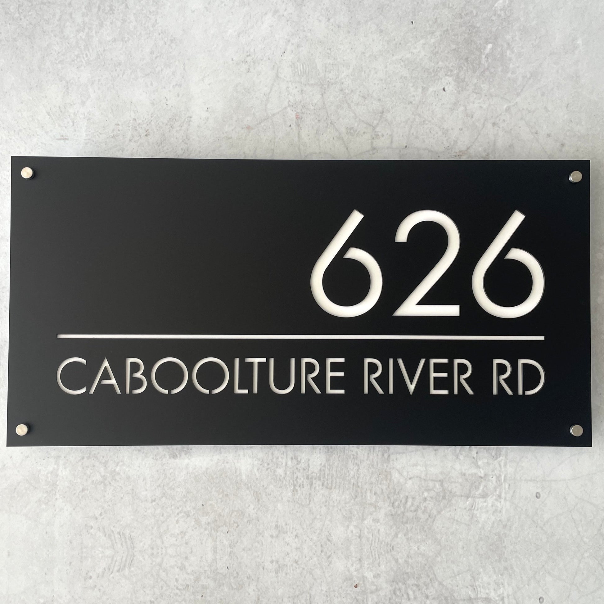 Extra large black address sign with stainless steel standoff screws