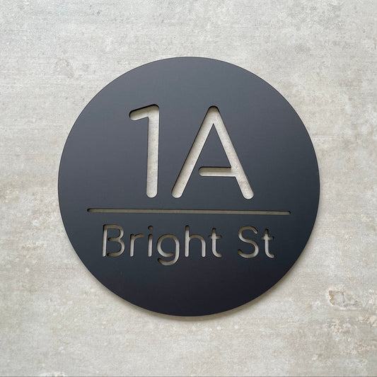 Contemporary 20cm circle house number sign in black cast acrylic, made in Australia