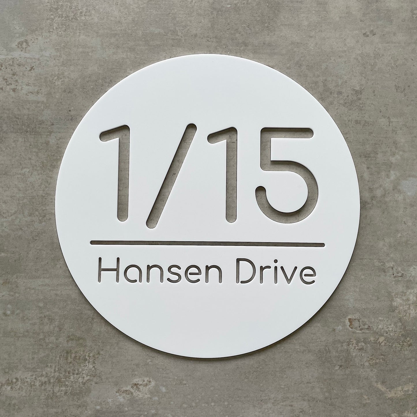 premium cast acrylic house number and street. 30cm white circle cutout.