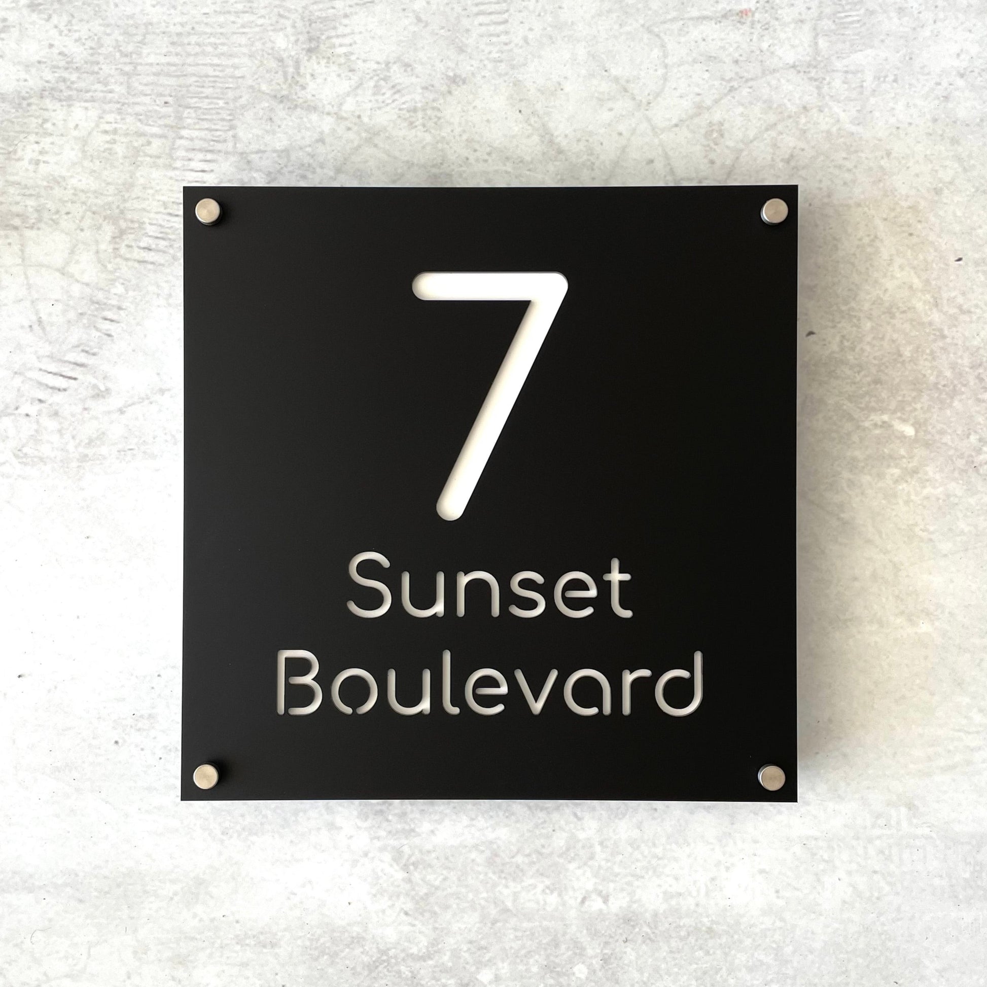 square black house number with street mounted with stainless standoff screw