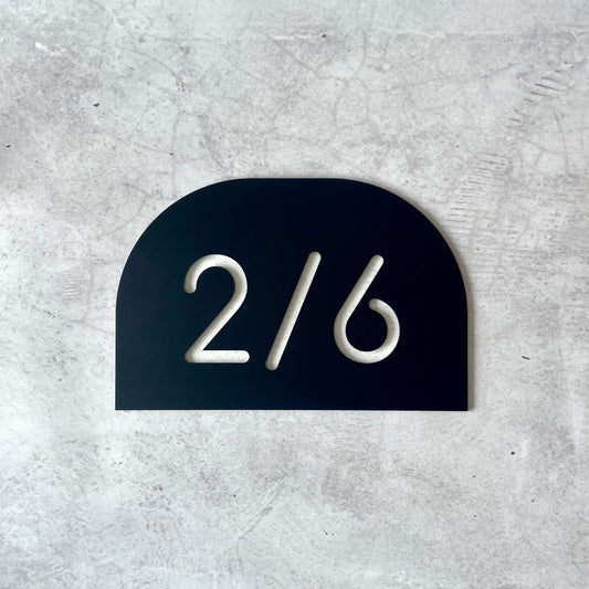 Minimalist black arch house number sign, weatherproof and easy to install