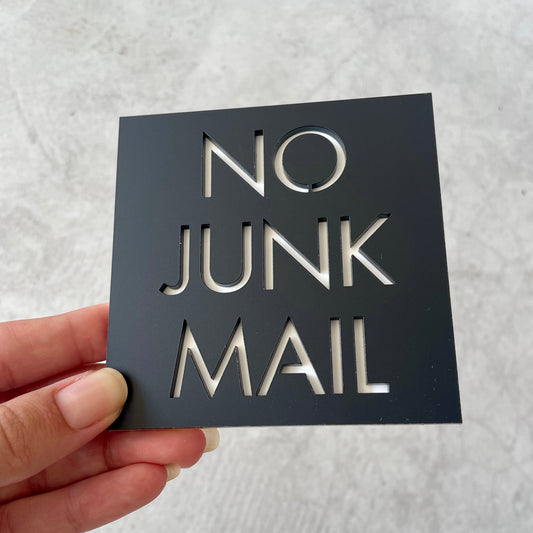 minimalist no junk mail sign, weatherproof and easy to install