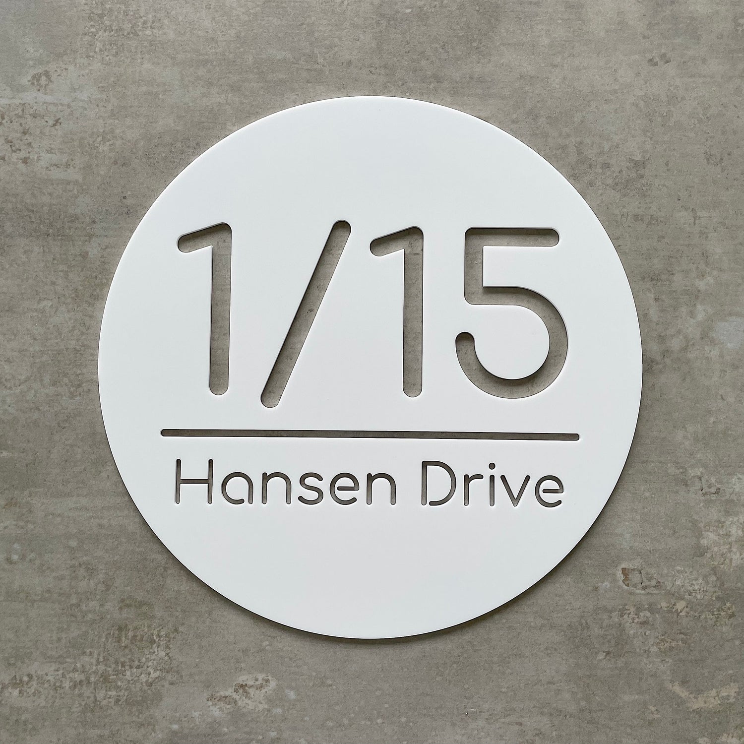 premium cast acrylic house number and street. 30cm white circle cutout. 
